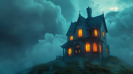 A Creepy Stone House on a Hilltop with Fog and Clouds