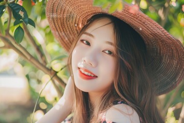 A beautiful young woman with a radiant smile enjoys a sunny day amid colorful foliage in a vibrant garden setting