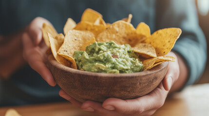 man enjoying tortilla chips with guacamole, captured in a close-up while socializing with friends in a restaurant setting. Perfect for visuals depicting casual dining, social gathe