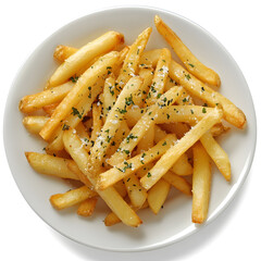 Canvas Print - Top view Garlic Parmesan French Fries on white plate, Isolated on White Background