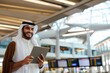 © Svetlana - Smiling young Middle Eastern businessman enjoying time at an airport terminal while using a digital tablet to stay connected