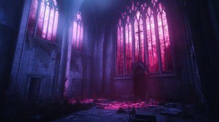 Wall Mural - A Ruined Church bathed in a Neon Glow