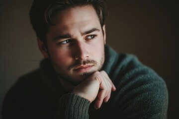 Aufkleber - The man leans on his hand, displaying a serious expression as he reflects deeply, surrounded by the warm glow of evening light. Generative AI