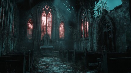 Wall Mural - Eerie Interior of a Decaying Gothic Church with Red-Lit Windows