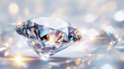 brilliant cut diamond sparkling with lens flares on white background