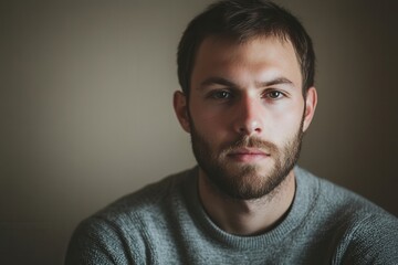 Aufkleber - A contemplative man with a beard sits in low light, expressing serious thoughts and emotions while staring directly at the viewer. Generative AI