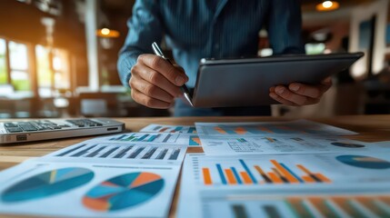 businessman analyzing colorful financial graphs and charts on digital devices