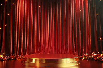 A gold podium with a luxurious finish, standing in front of a rich, deep red curtain background, with soft lighting highlighting the elegant details.