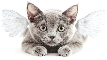 A cat with wings on its back is laying on a white background