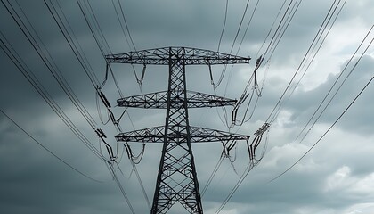 Against a gray sky background, close-up of details of complex wire towers shows the blend of technology and nature.