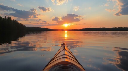 Kayaking in Northwest Ontario, Canada, at dusk on a serene lake.