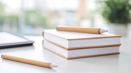 Two gold pencils and a stack of blank notebooks on a white desk.