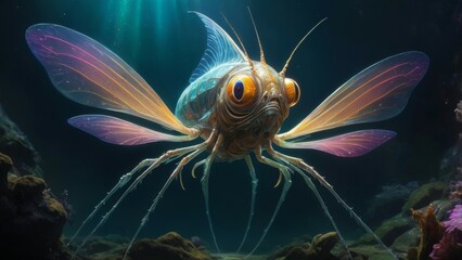 Sticker - A whimsical creature with iridescent wings swims through the deep blue ocean.