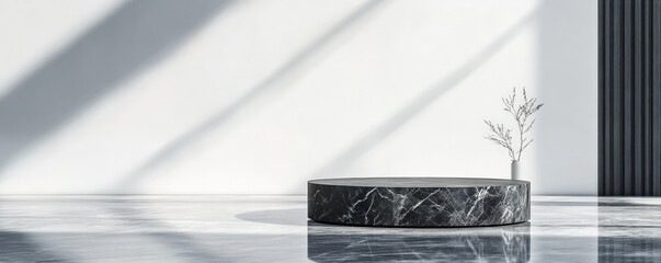 A modern stone podium made from smooth, black marble, placed on a reflective surface with a clean, white background for a minimalist, high-end look.