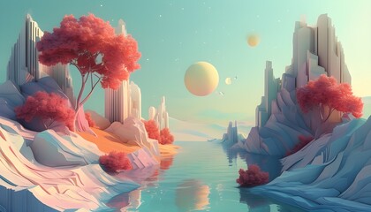 Dreamy abstract landscape featuring surreal elements and soft pastel hues, reimagined in manga-style 3D rendering for creative text overlay