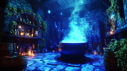 Wall Mural - A Cauldron of Blue Smoke in a Mystical Stone Room