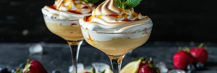 Poster - Lemon cream adorned with caramelized meringue served in stylish cocktail glasses, complemented by fresh fruit slices.