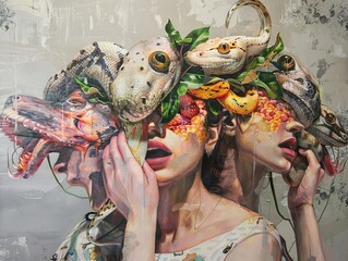 Wall Mural - Surreal Portrait of a Woman with Snakes and Lizards