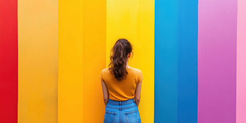 Young woman standing against colorful rainbow wall for vibrant and creative expression