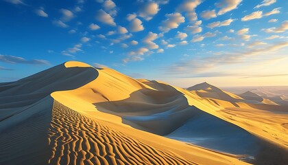 An image showing the magnificent scenery of nature, the combination of golden sand dunes and blue sky creates a stunning landscape.