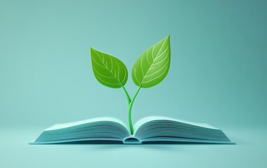 3D visual of a small green plant emerging from an open book on pastel background – sustainability, education, modern design