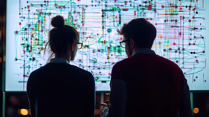 two individuals analyze complex data visuals on a screen, showcasing collaboration in technology and