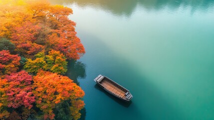 Wall Mural - As autumn colors along Katsura river reach Arashiyama mountain area in Kyoto, Japan during the fall season, tourists can enjoy an aerial view boat on the river.