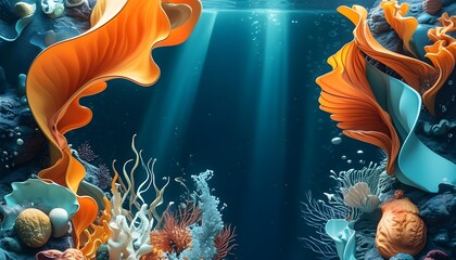 Manga-Inspired Underwater Abstract Background with Fluid Shapes and Marine Life for Text Placement