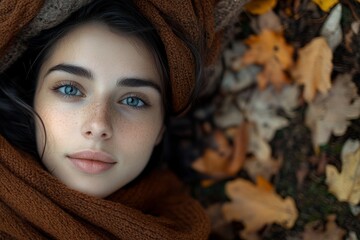 Wall Mural - Imaginary fall scene. Autumn woman lying over fallen leaves in a fall forest. Beautiful young girl who is mixed race Caucasian and Asian.