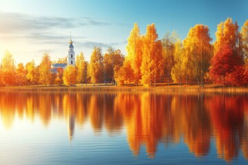 The landscape of Autumn season with autumn leaves on a blurred background. A branch of a maple tree with autumn leaves.