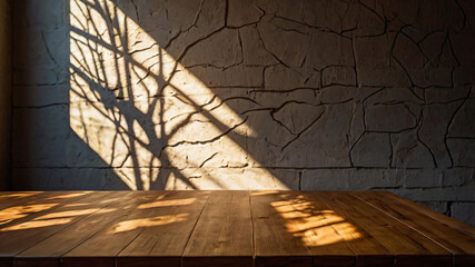 Wall Mural - empty dark wooden table with abstract light from leaf shadow on the wall