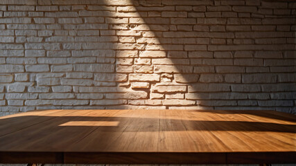 Wall Mural - empty dark wooden table with abstract light from leaf shadow on the wall