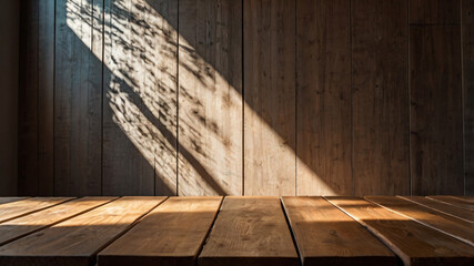 Wall Mural - empty dark wooden table with abstract light from leaf shadow on the wall
