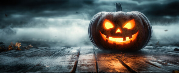 One spooky halloween pumpkin, Jack O Lantern, with an evil face and eyes on a wooden bench, table with a misty gray coastal night background with space for product placement.