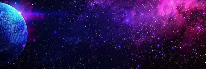 A blue disco ball is floating in space with a purple background