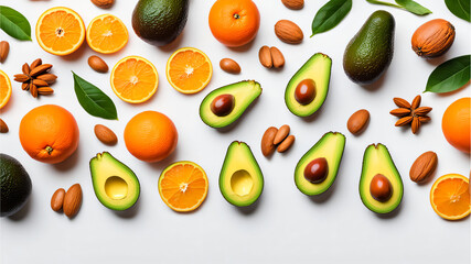 Beautiful natural fruits and nuts on white background for elegant design