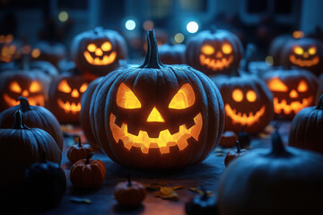 illustration of illuminated carved pumpkins with different evil faces in darkness at Halloween night