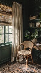 there is a chair in front of a window with a plant in it