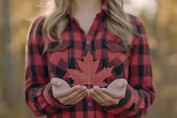 Wall Mural - Girl in a red jacket holding a yellow leaf in the autumn forest. Autumn forest, sunny autumn day.