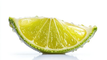 Wall Mural - ripe lime slice standing upright isolated on white with droplets