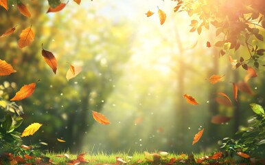 Wall Mural - Autumn landscape with yellow trees and sun. Colorful foliage in a park. Falling leaves with a natural background. Concept for Autumn season.