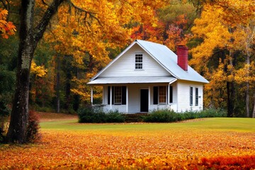 . Colorful tree with red, orange, yellow, green, golden colors around the country house, Nagano Prefecture, Japan, autumn scenery.