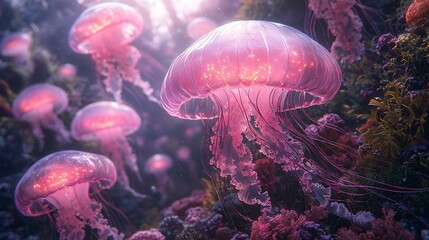 Wall Mural - A wondrous underwater garden with giant, bioluminescent jellyfish floating among colorful coral reefs