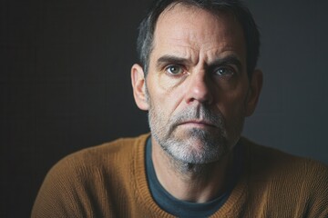 Aufkleber - A man in a brown sweater showcases a serious expression while deep in thought in a softly lit room, evoking contemplation. Generative AI