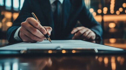 Wall Mural - Close-up of a Man's Hand Signing a Document with a Gold-Trimmed Pen