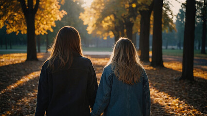 two women walking in autumn park at dawn view from the back