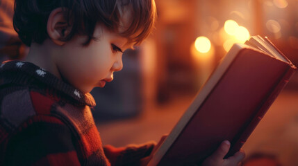 Young child reading Holy Bible in warm, golden sunlight. soft natural light highlights contemplative expression and serene atmosphere. Focused kid reading religious book