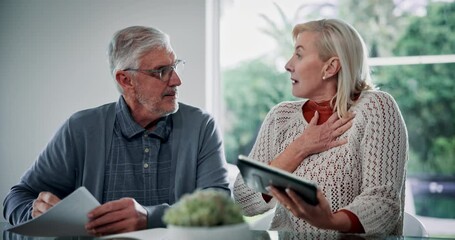 Wall Mural - Stress, documents and senior couple on tablet in home for budget, financial review and mortgage payment. Retirement, digital tech and man and woman with bills for insurance, debt and online finance