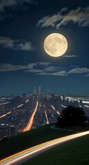 a serene and vivid full moon, aglow with a soft, creamy light. below, the sprawling big city stretch