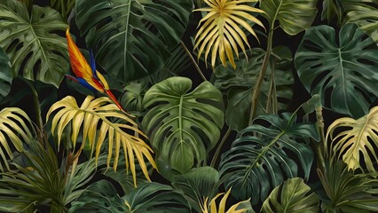  A tropical-themed design showcasing various types of palm leaves, including monstera, banana, and fan palm leaves